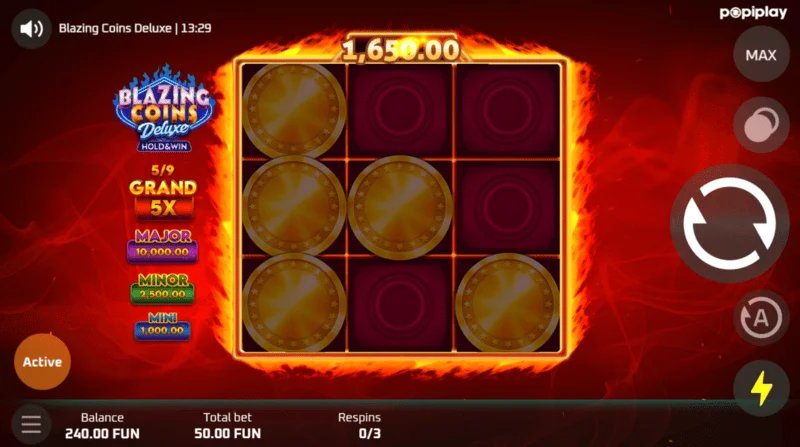 Layar permainan respin Blazing Coins Deluxe