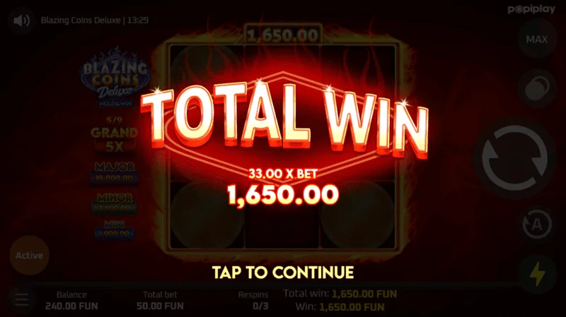 Total kemenangan respin Blazing Coins Deluxe
